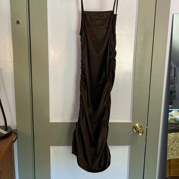 H & M Dark Chocolate Brown Satin Divided Ruched Dress - Picture 2 of 4